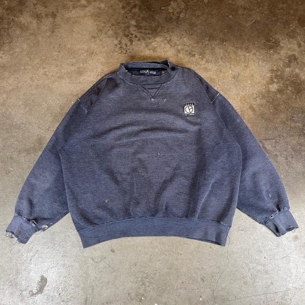 Vintage 2000 La Costa navy waffle knit sweatshirt with distressed hem men large